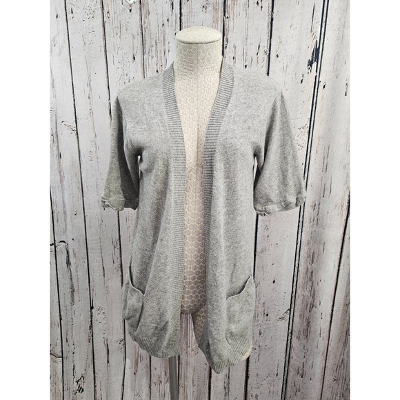 LOFT M 100% Cashmere Cardigan Sweater Short Sleeve Open Front Gray Pockets comfy - Picture 1 of 6